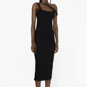 Courreges Strap Biais 90'S Black Ribbed Midi Dress